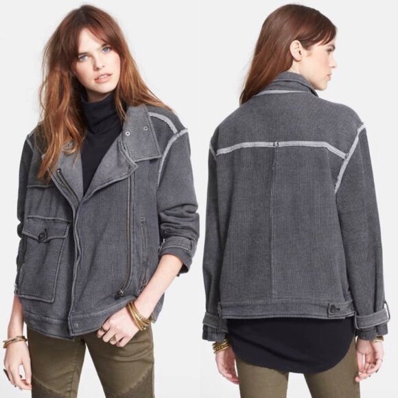 Free People Small Railroad Stripe Moto Jacket Gray Black Top Zip V Neck Coat